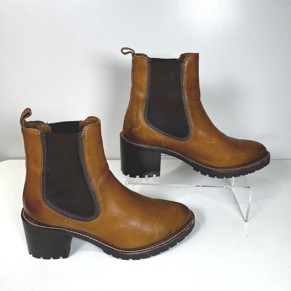 Thursday Boot Co Everyday Cognac Leather Chelsea Boots 8 Lug Sole Block Heel
